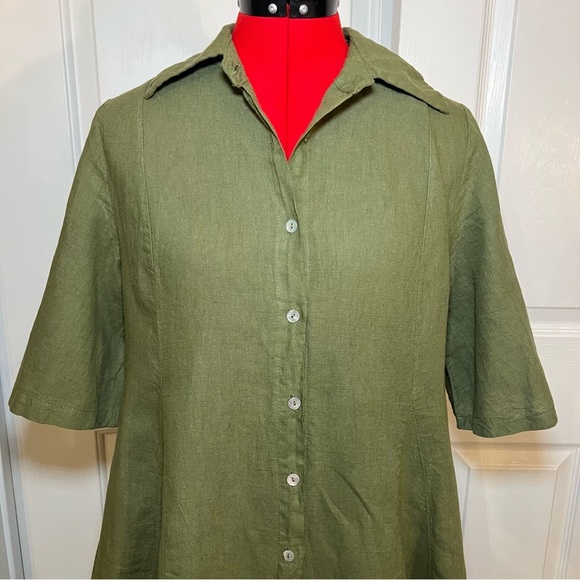 Francesca Bettini Olive Green Short Sleeve Button Up Linen Blend Shirt Dress M - Picture 2 of 11